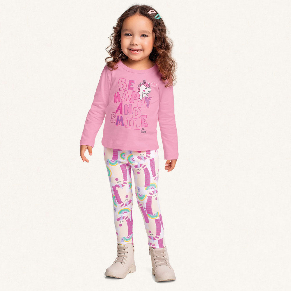 Conjunto Camiseta Manga Longa e Legging Malha Unicórnio Be Happy Rosa Fakini - Feminino