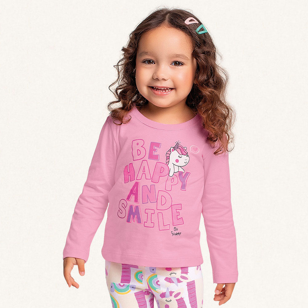 Conjunto Camiseta Manga Longa e Legging Malha Unicórnio Be Happy Rosa Fakini - Feminino