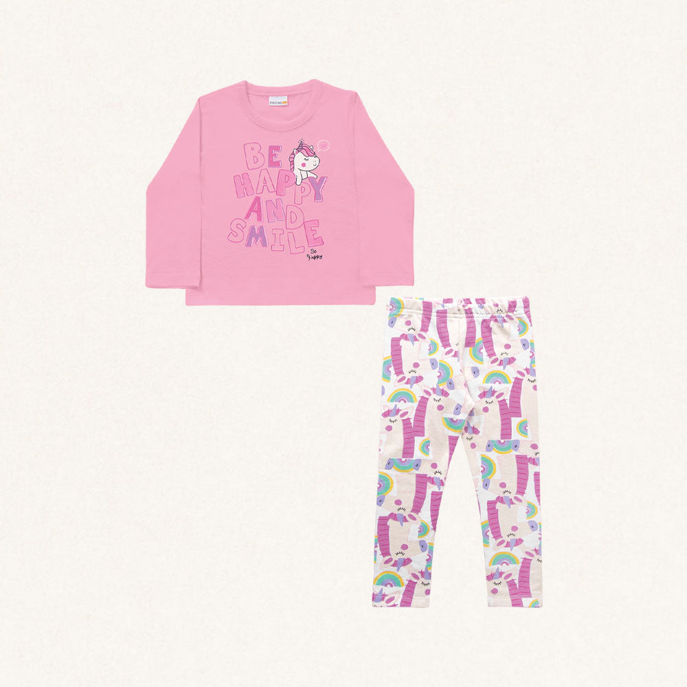 Conjunto Camiseta Manga Longa e Legging Malha Unicórnio Be Happy Rosa Fakini - Feminino