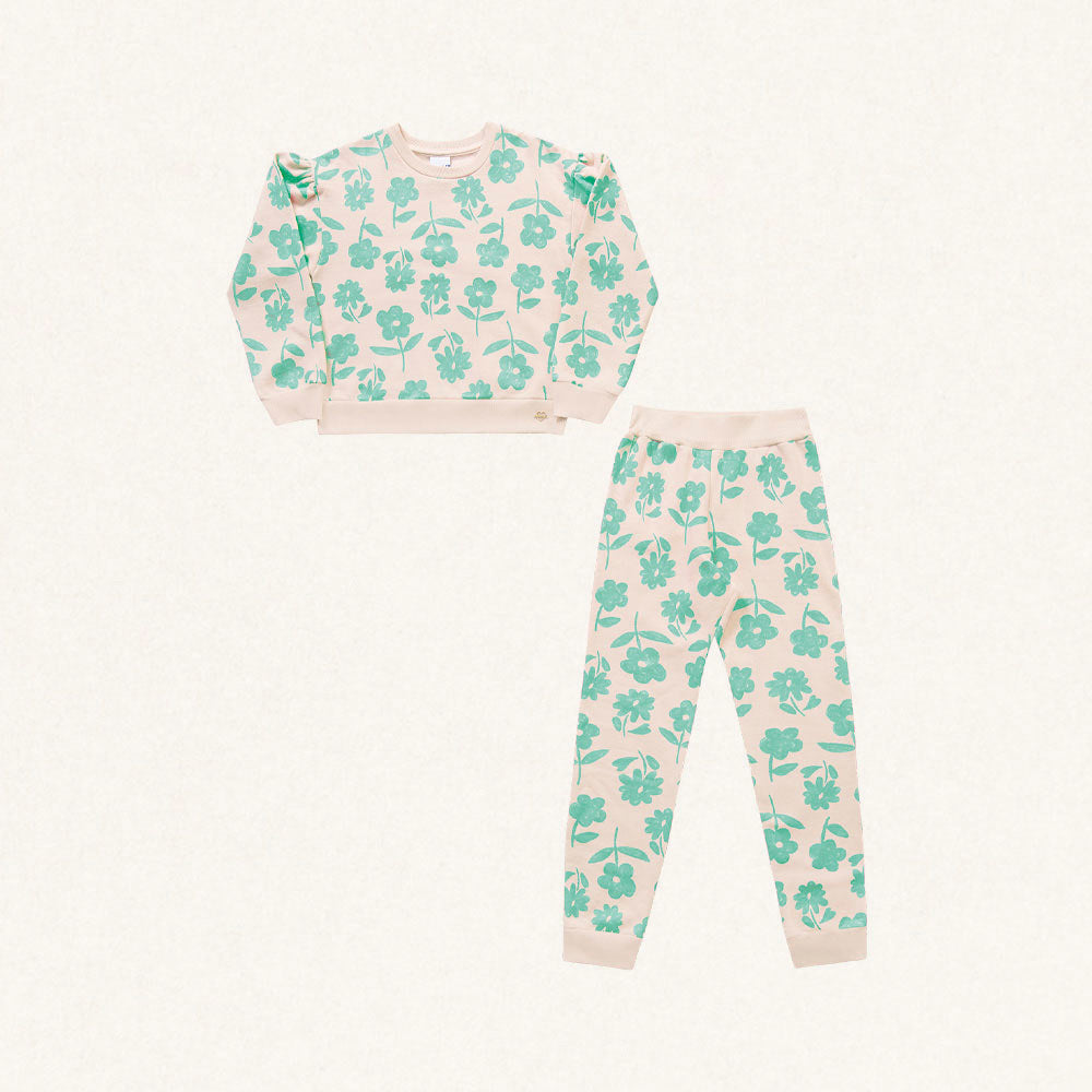 Conjunto Moletom Blusa e Calça Flores Verdes Fakini - Feminino