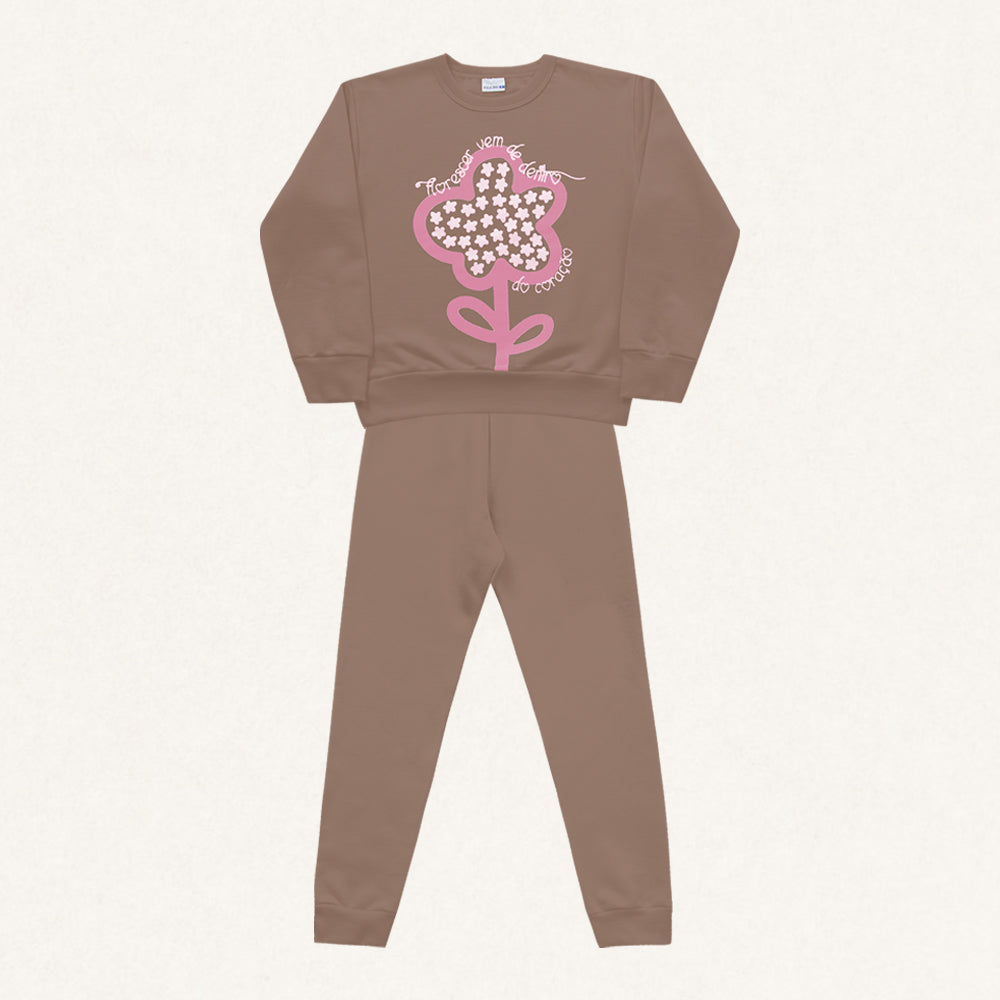 Conjunto Moletom Blusão e Calça Florescer Marrom Fakini - Feminino