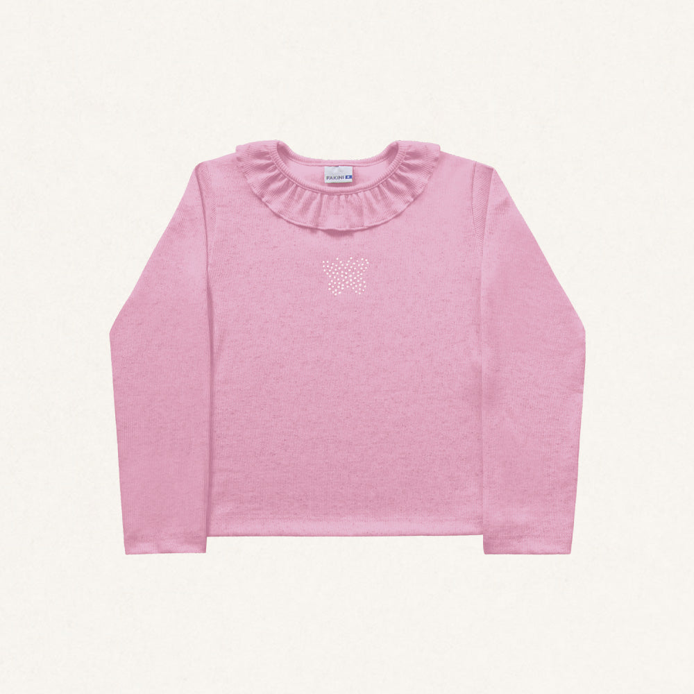 Blusinha Manga Longa Malha Gola Babado Aplique Rosa Fakini – Feminina