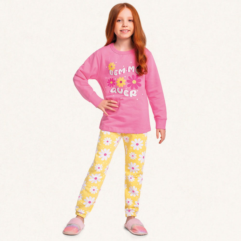 Conjunto Pijama Peluciado Blusão e Calça Moletom Bem Me Quer Rosa Fakini - Feminino