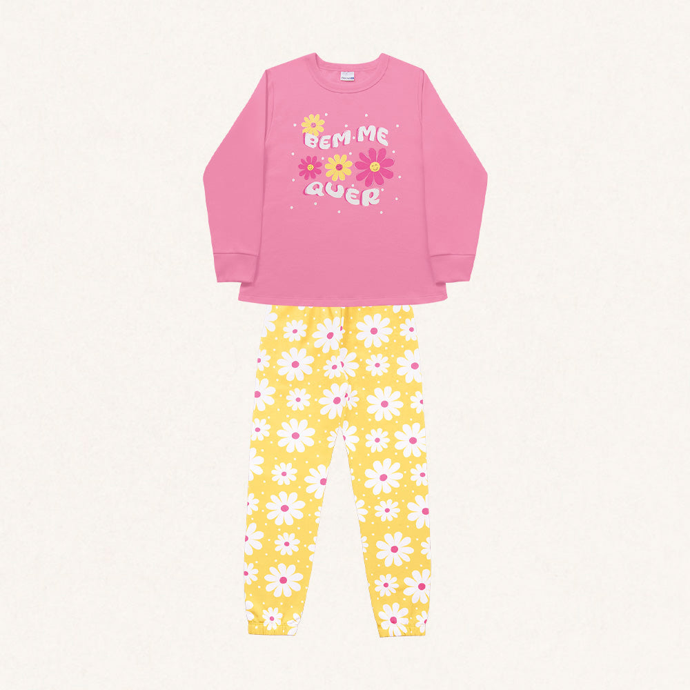 Conjunto Pijama Peluciado Blusão e Calça Moletom Bem Me Quer Rosa Fakini - Feminino