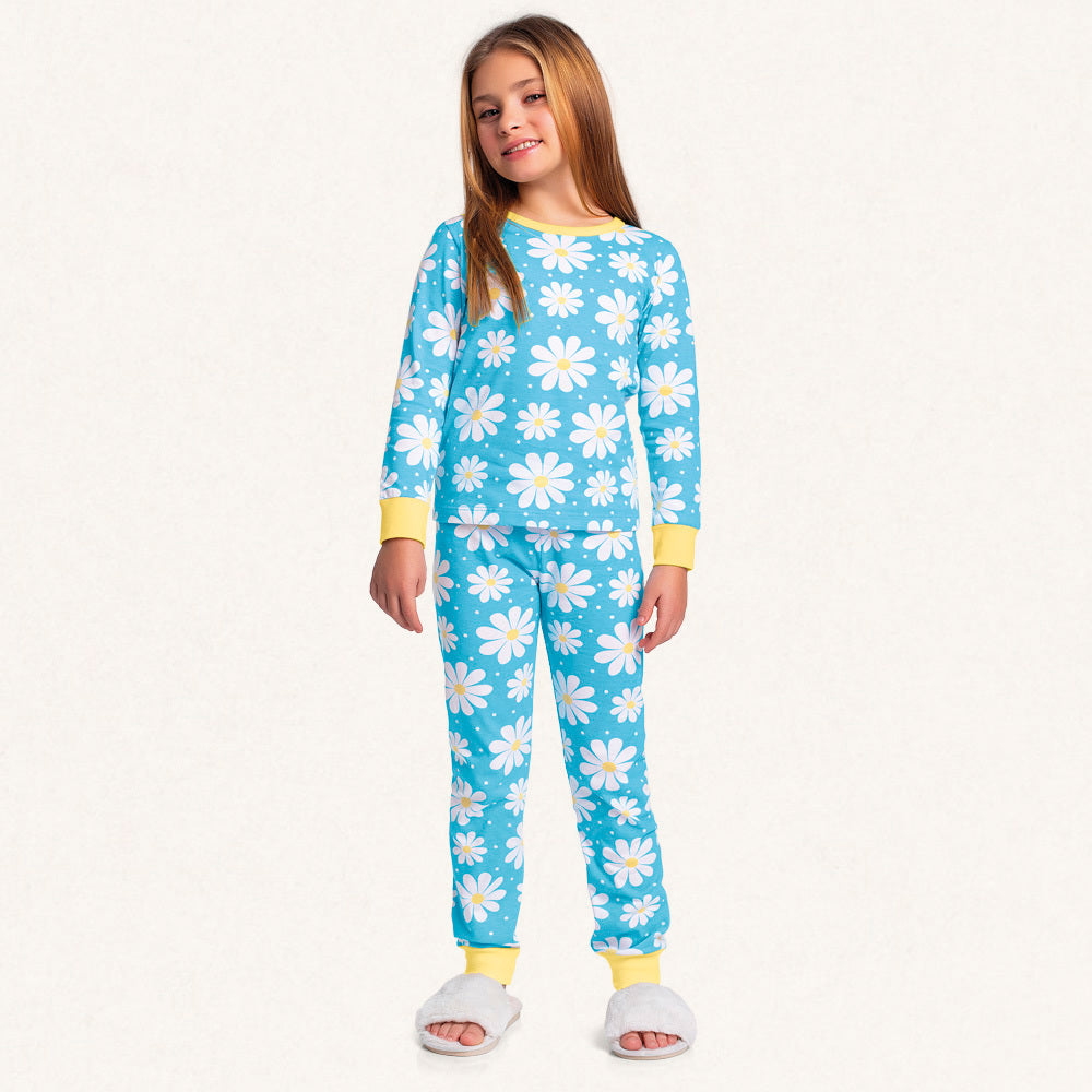 Conjunto Pijama Manga Longa Malha Flores Azul Fakini - Feminino