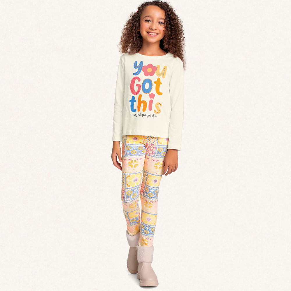 Conjunto Camiseta Manga Longa e Legging You Got This Marfim Fakini – Feminino