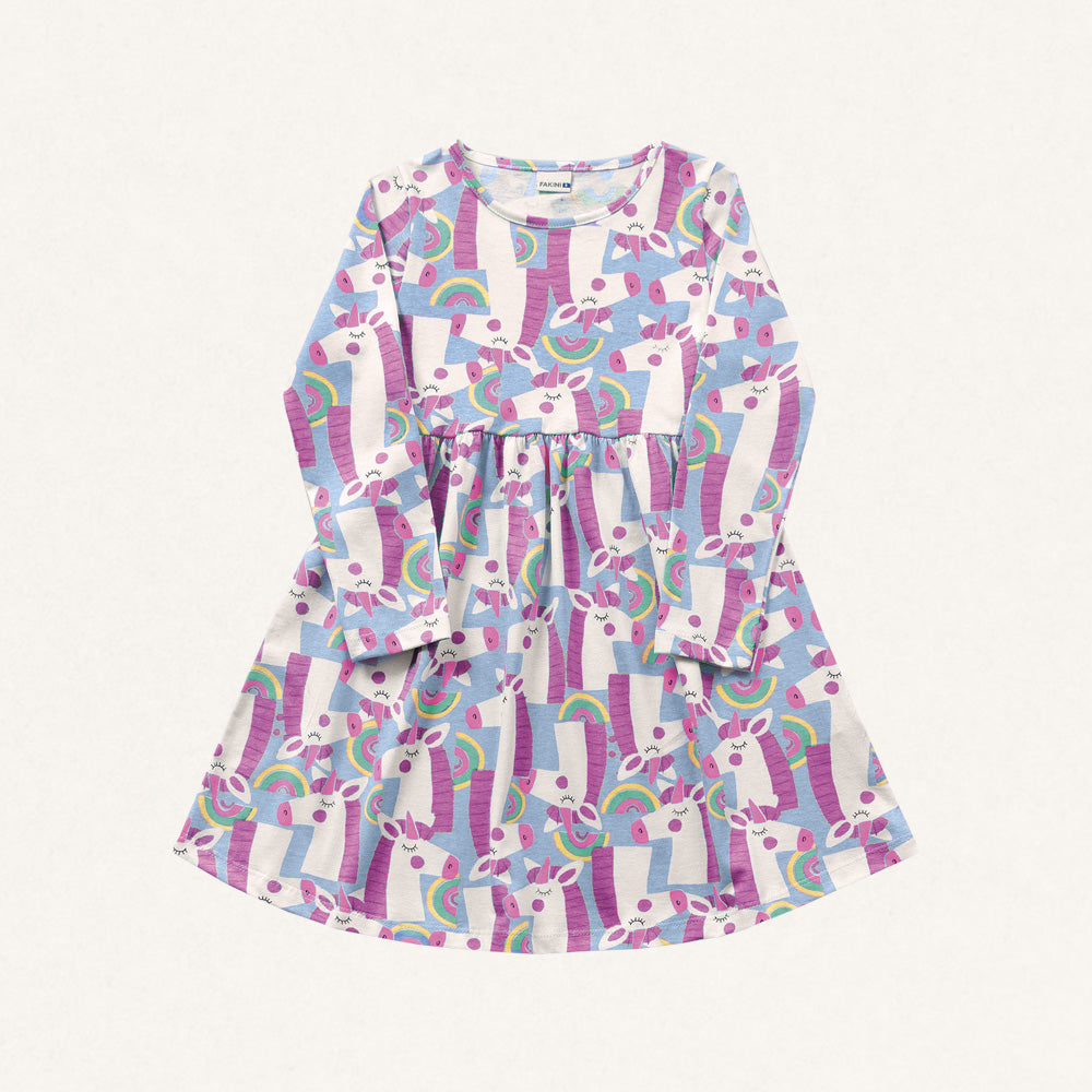 Vestido Manga Longa Malha Unicórnio Azul Estampado Fakini – Feminino