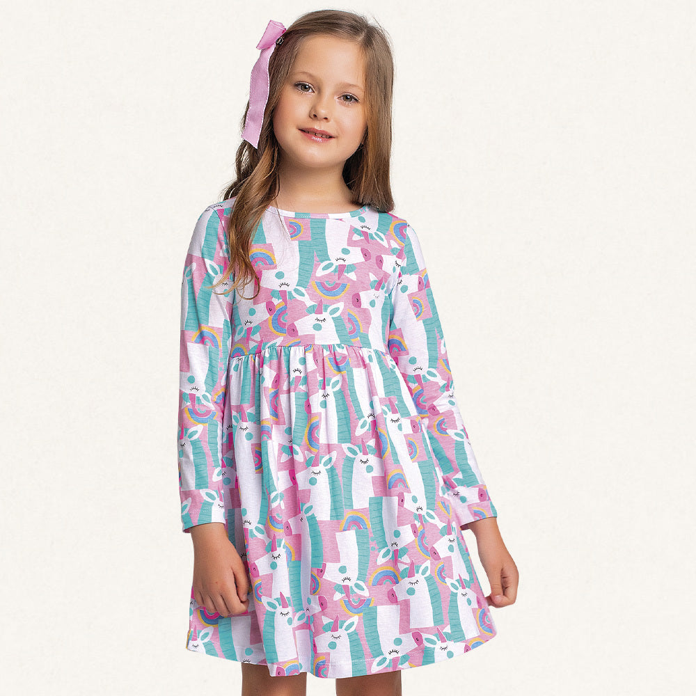 Vestido Manga Longa Malha Unicórnio Rosa Fakini - Feminino