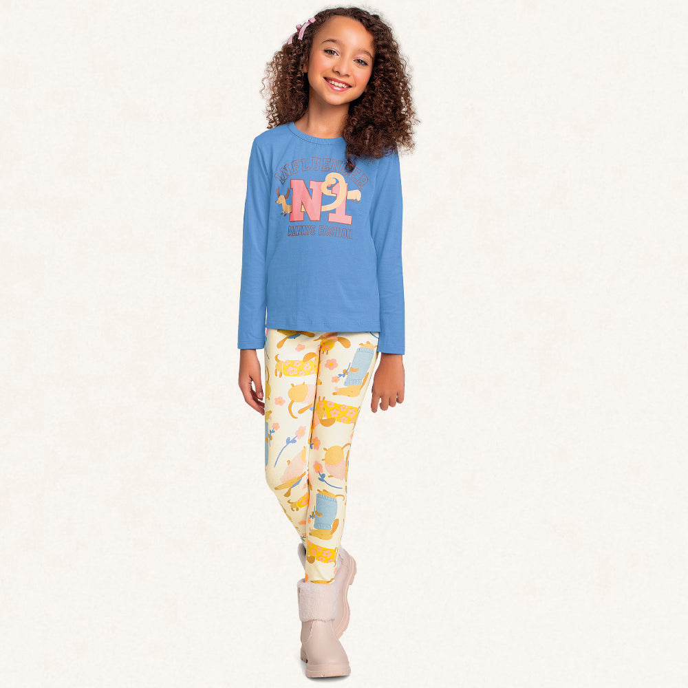Conjunto Camiseta Manga Longa e Legging N1 Azul Fakini - Feminino