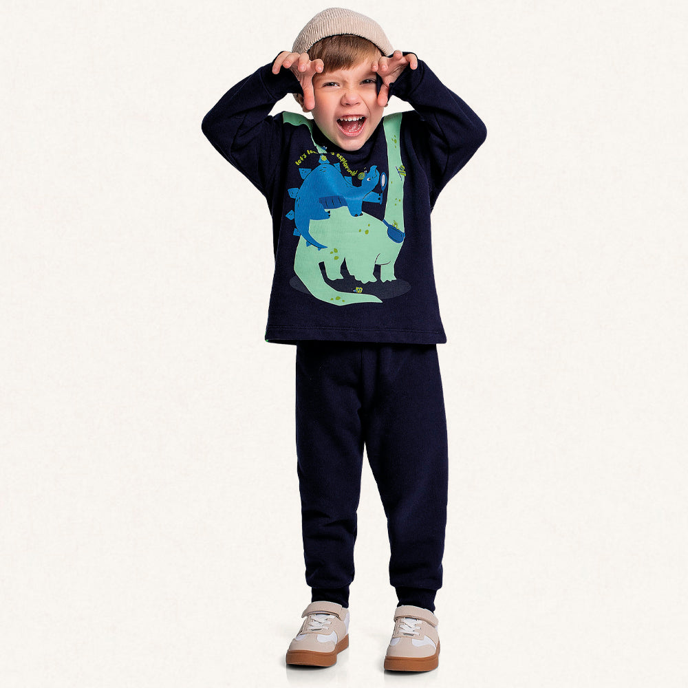Conjunto Moletom Estampado Dinossauro Fakini - Masculino