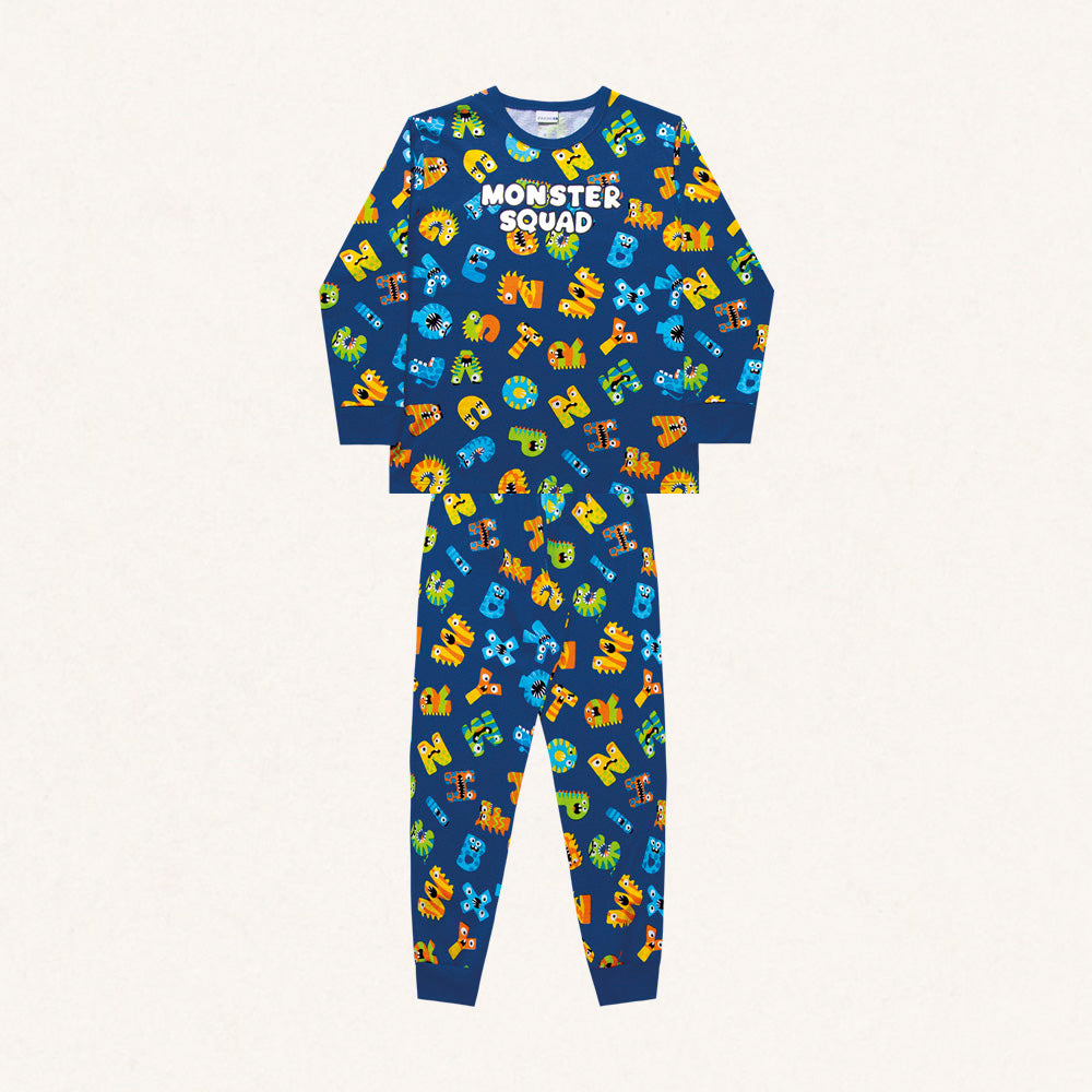 Conjunto Pijama Malha Manga Longa Estampado Monster Squad Azul Fakini - Masculinho