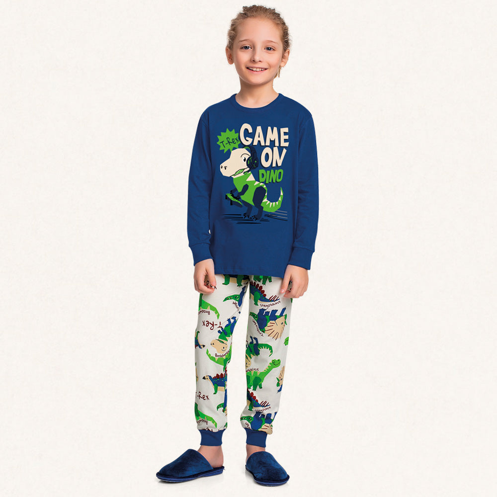 Conjunto Pijama Malha Manga Longa Estampado Game On Dino Azul Fakini – Masculino