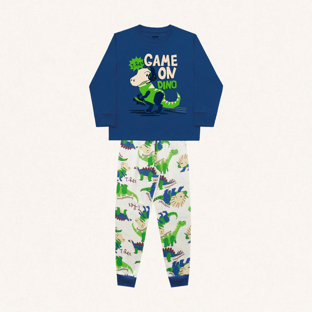 Conjunto Pijama Malha Manga Longa Estampado Game On Dino Azul Fakini – Masculino