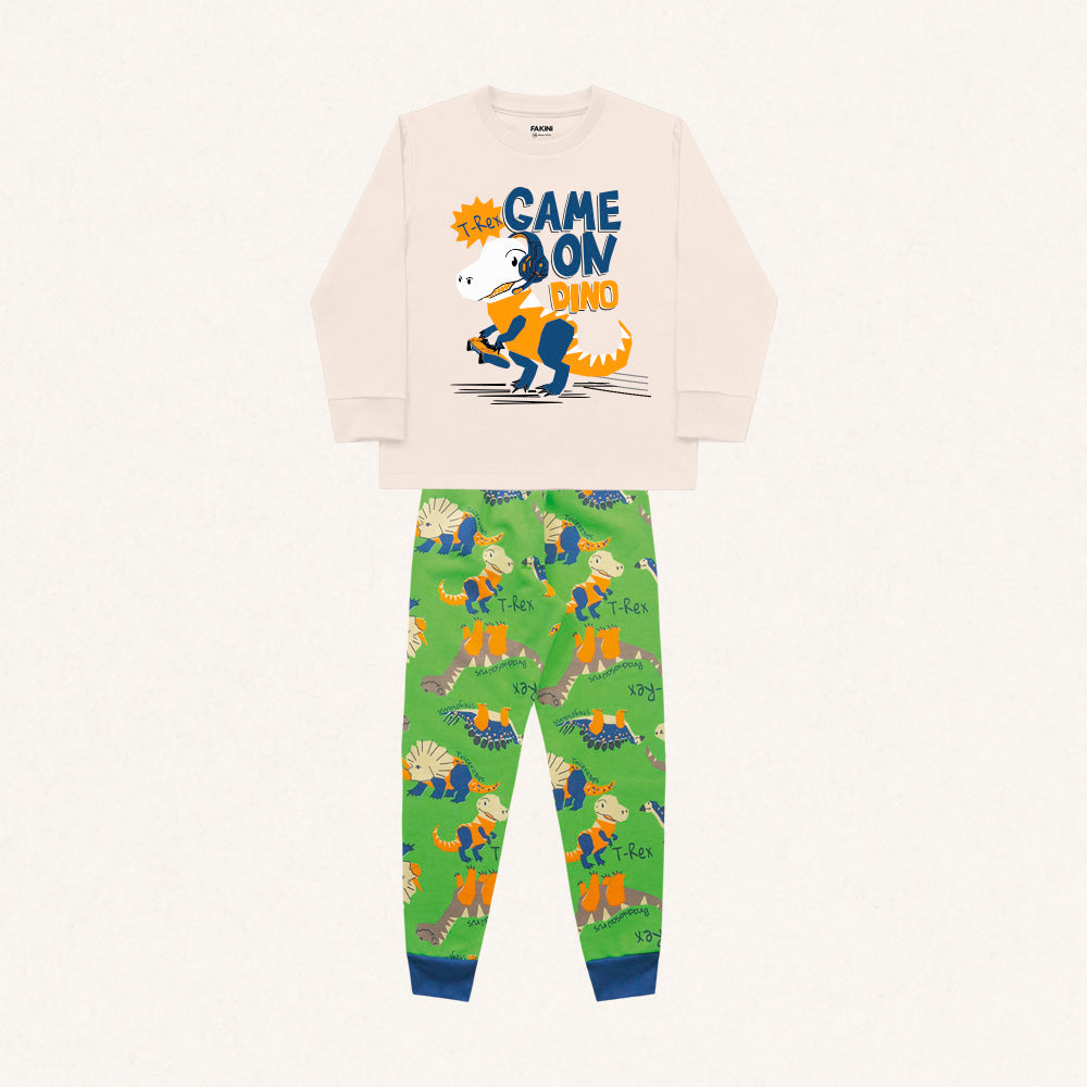 Conjunto Pijama Malha Manga Longa Estampado Game On Dino Baunilha e Verde Fakini - Masculino