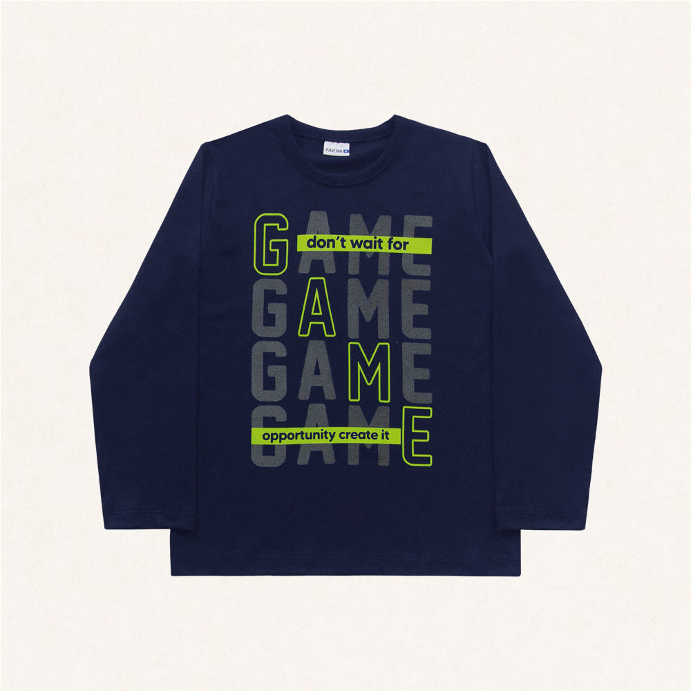 Camiseta Manga Longa Game Marinho e Verde Fakini - Masculina