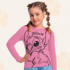 Camiseta Manga Longa Canelada Rosa Estampada Lilo e Stitch Fakini – Feminina