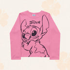 Camiseta Manga Longa Canelada Rosa Estampada Lilo e Stitch Fakini – Feminina