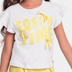 Conjunto Blusa Manga Curta e Shorts Fresh Time Fakini Feminino Branco/Amarelo