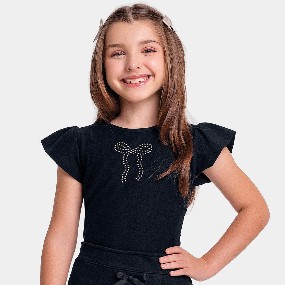 Blusa Manga Curta Laço Em Pedrinha Fakini Feminina