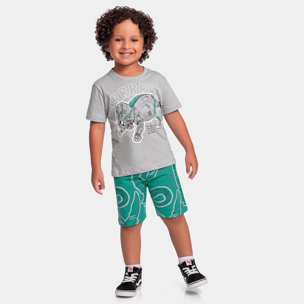 Conjunto Camiseta e Bermuda Estampa Dinossauro Fakini Masculino