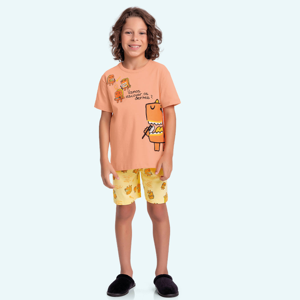 Conjunto Camiseta Manga Curta e Bermuda Pijama Vamos Escovar Os Dentes? Fakini Masculino