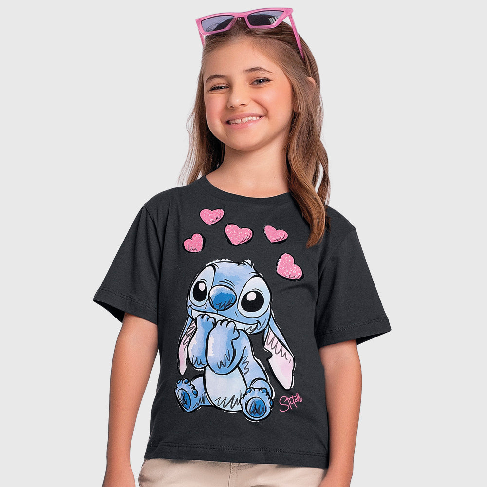 Camiseta Manga Curta Lilo e Stitch Fakini Feminino