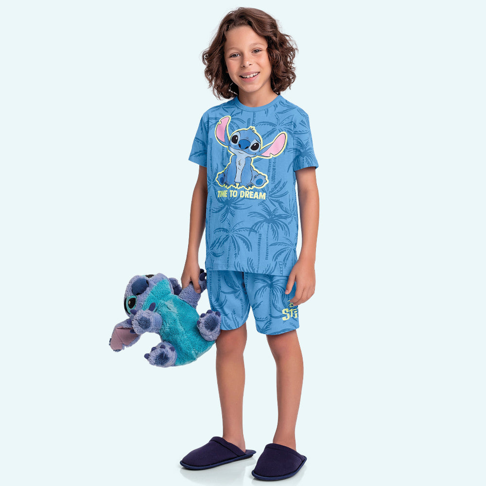Conjunto de Camiseta e Bermuda Pijama Lilo e Stitch Fakini Masculino