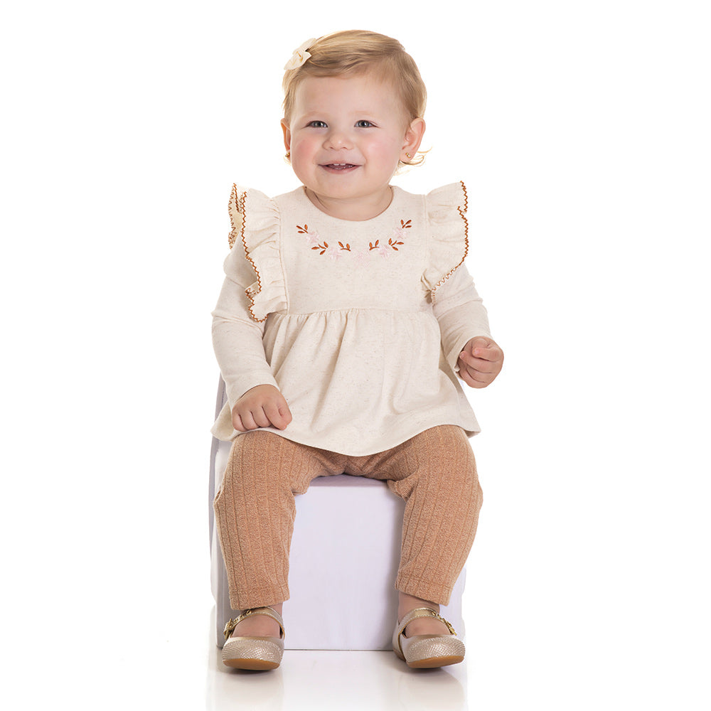 Conjunto Bata Manga Longa Bordado e Legging Tricot Feminino Bebê Randa Mundu