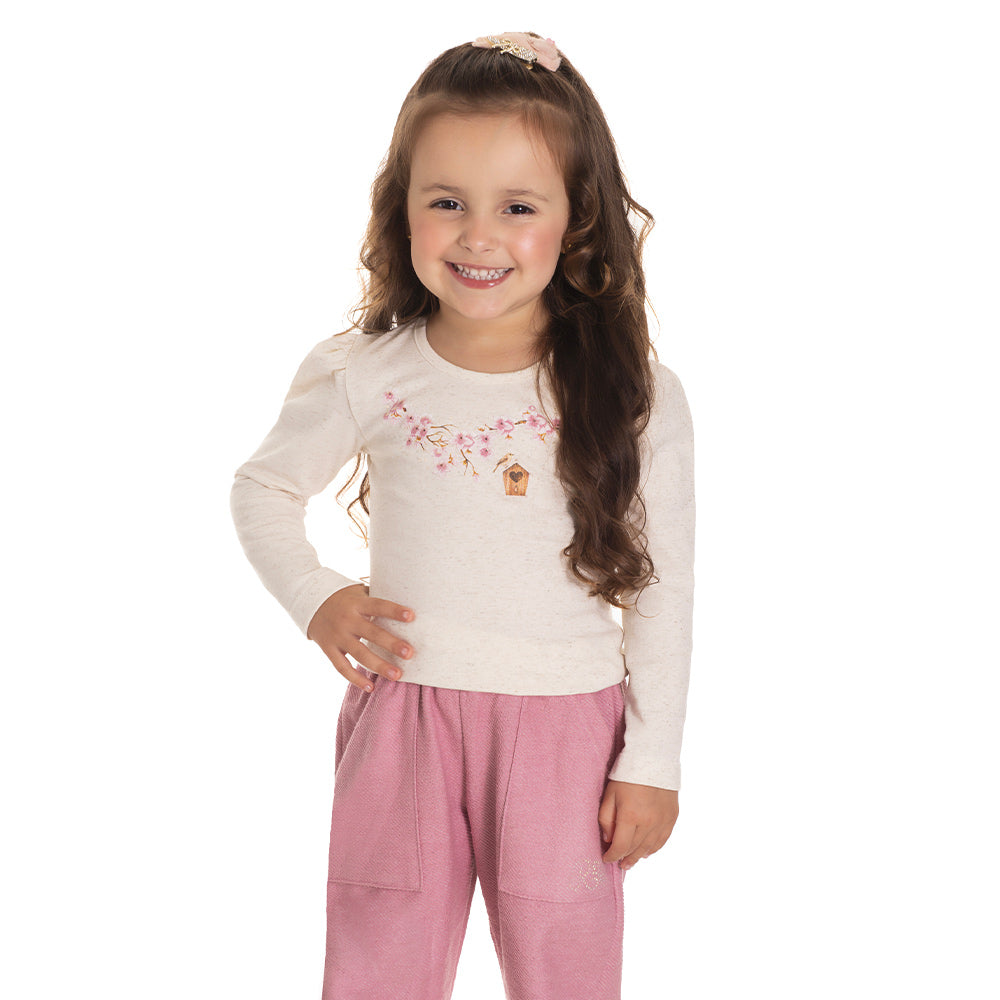 Camiseta Manga Longa Cotton Estampa e Strass Feminina Infantil Randa Mundu