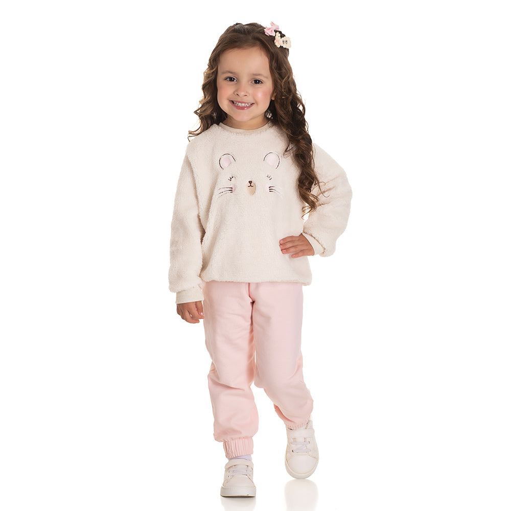 Conjunto Blusa Pelinho Bordada e Calça Moletom Feminina Infantil Randa Mundu