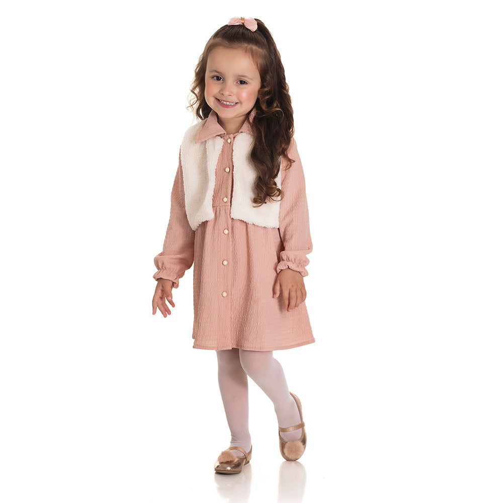Conjunto Vestido Manga Longa Malha Anne com Colete de Pelo Feminino Infantil Randa Mundu