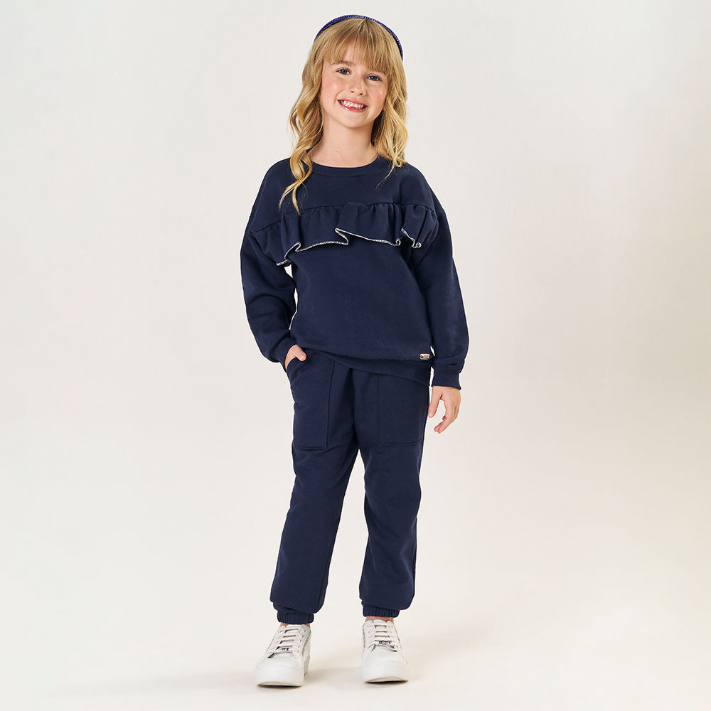 Conjunto Blusa Moletom Babado e Calça Marinho Tileesul - Feminino