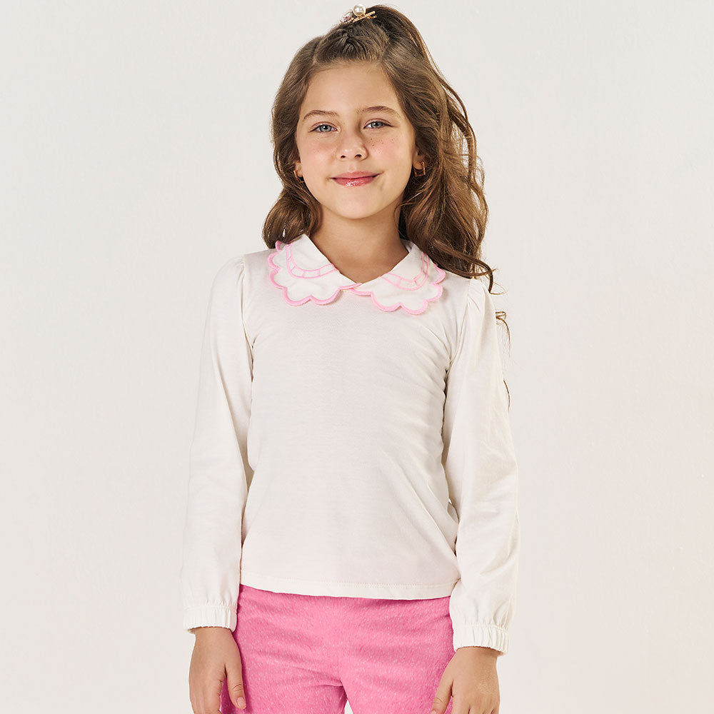 Blusinha Manga Longa Gola Babado Bordada Marfim Tileesul - Feminina