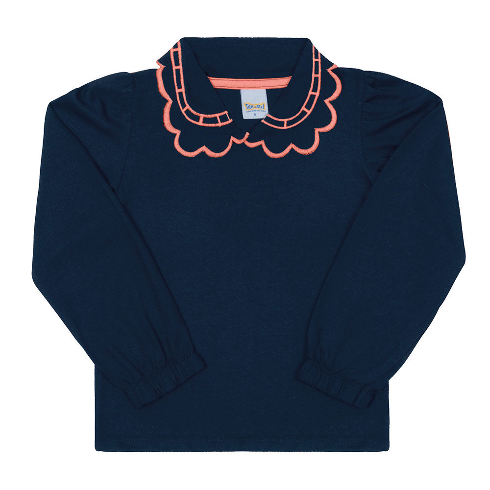 Blusinha Manga Longa Gola Babado Bordada Marinho Tileesul - Feminina