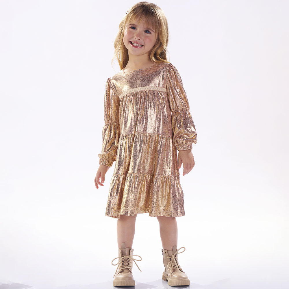 Vestido em Malha Laminada Dourado e Rosa Kiki Xodó - Feminino