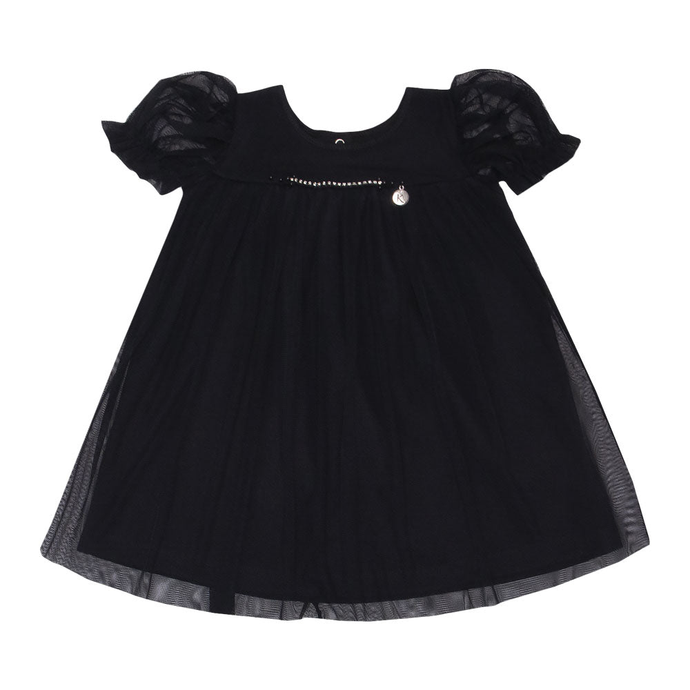 Vestido Manga Curta Malha e Tule Forrado Strass Kiki Xodó - Feminino