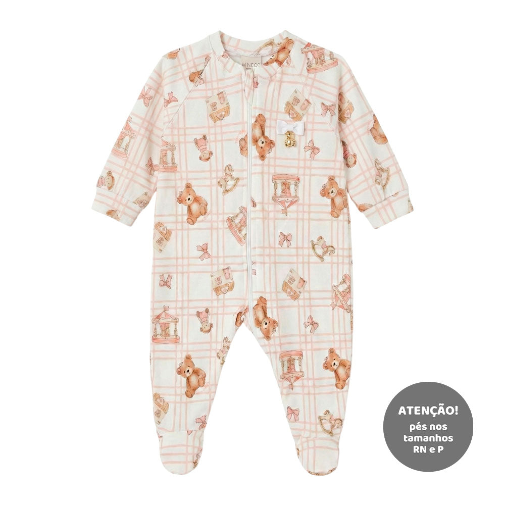 Macacão Manga Longa Zíper Suedine Mini & Co Feminino - Ursinhas