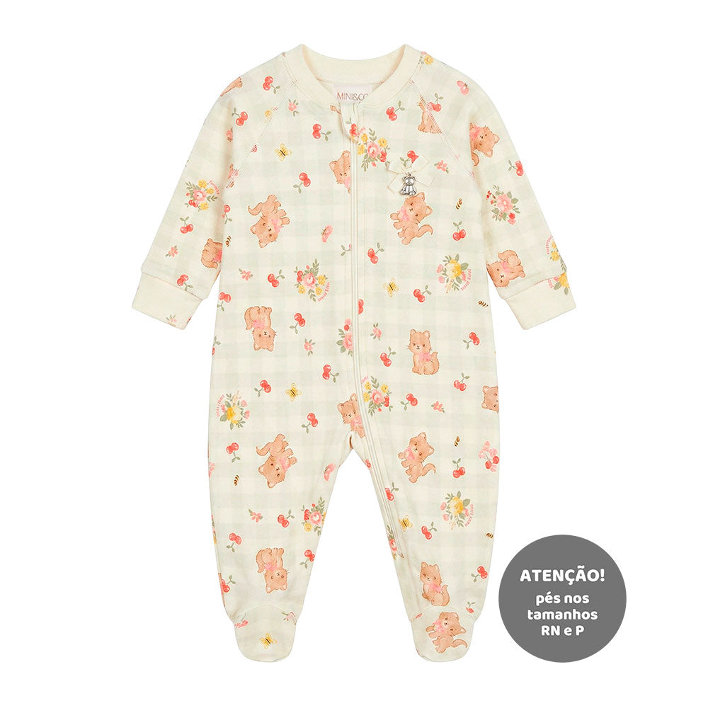 Macacão Manga Longa Zíper Suedine Estampado Feminino Bebê Mini & Co - Gatinhas