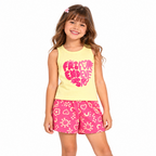Conjunto Blusa Meia Malha e Shorts Moletinho Infantil Feminino Brandili - Amarelo/Rosa