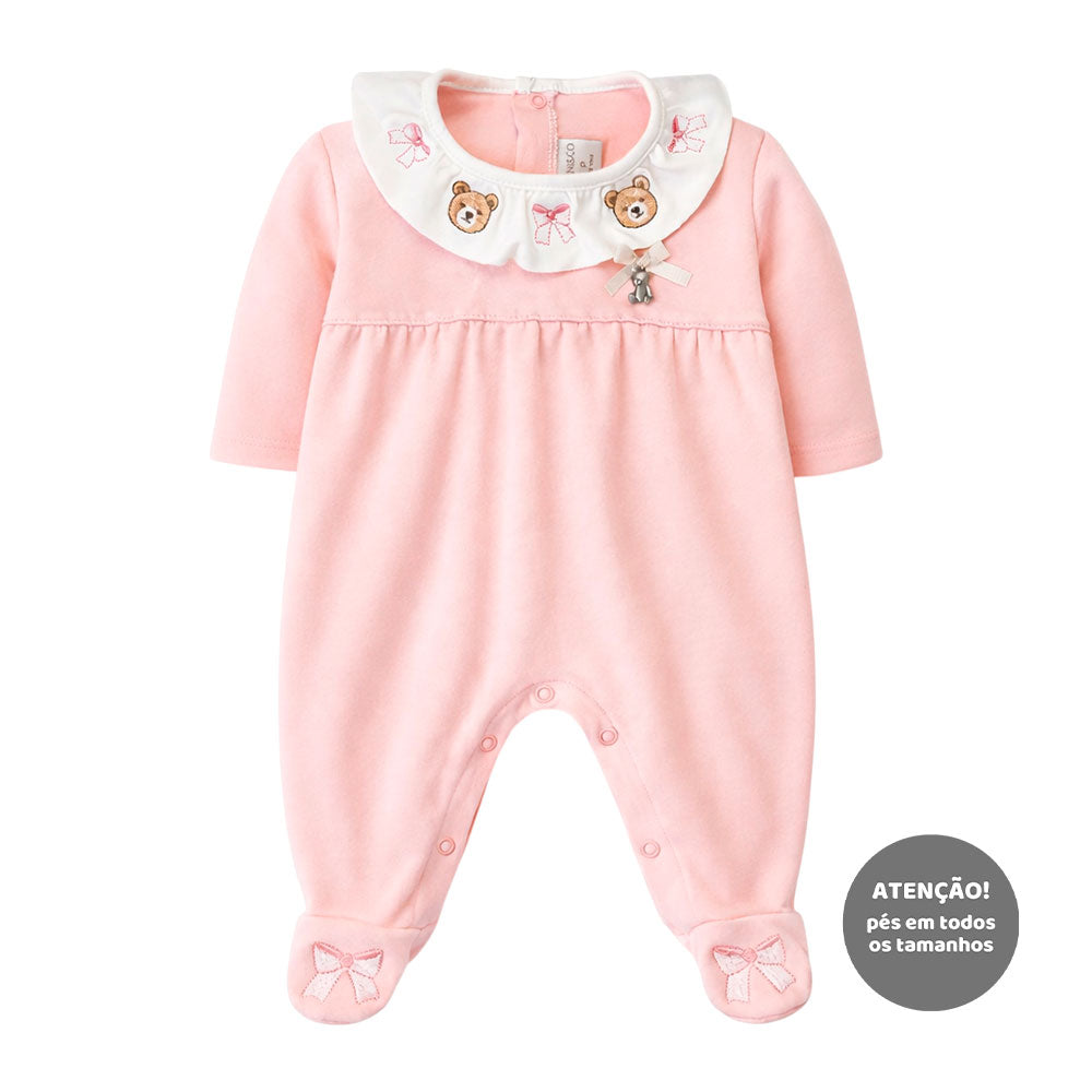 Macacão Manga Longa Suedine Gola Babado Mini & Co Feminino - Ursinhas