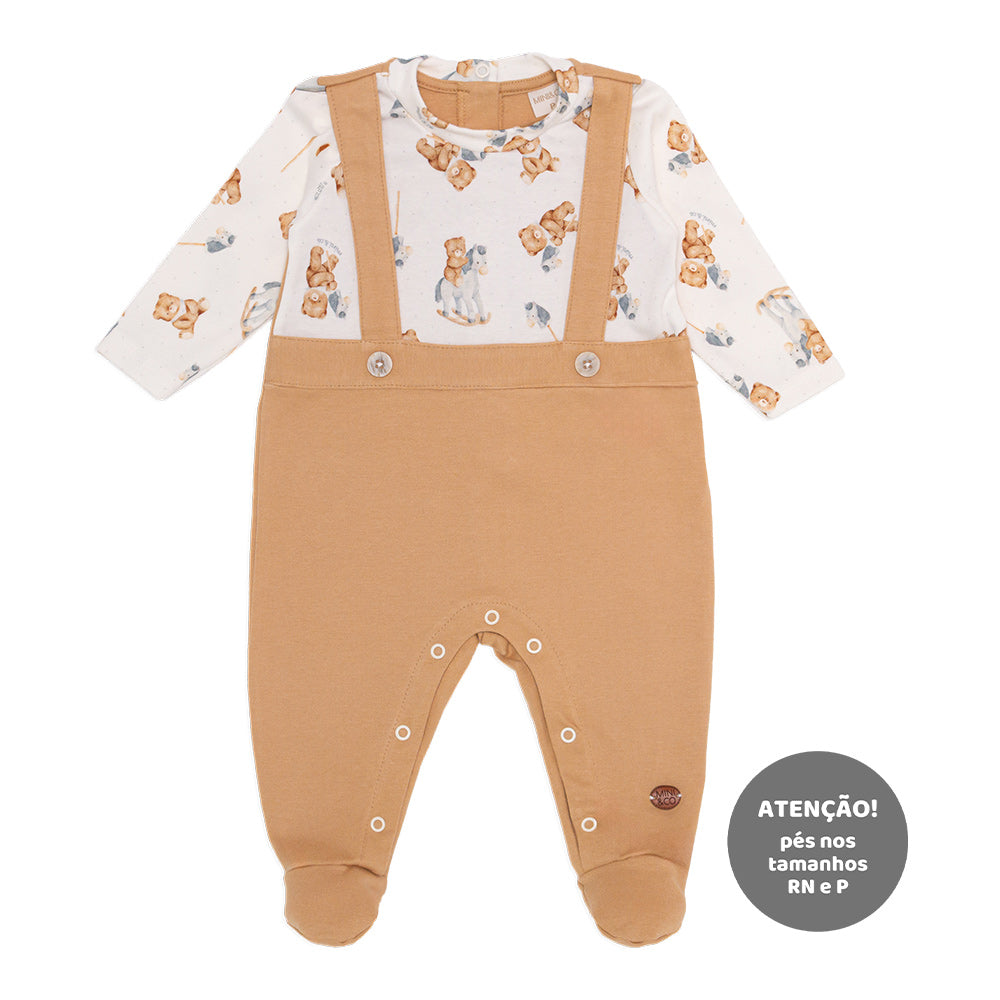 Macacão Manga Longa Jardineira Falsa Suedine Masculino - Ursinho e Cavalinho