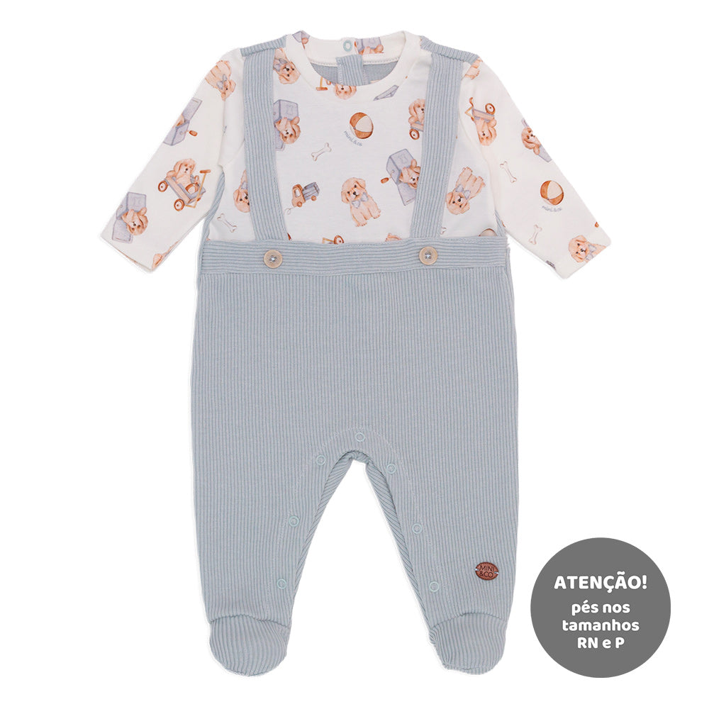 Macacão Manga Longa Jardineira Falsa Suedine e Tricot Masculino - Cachorrinhos