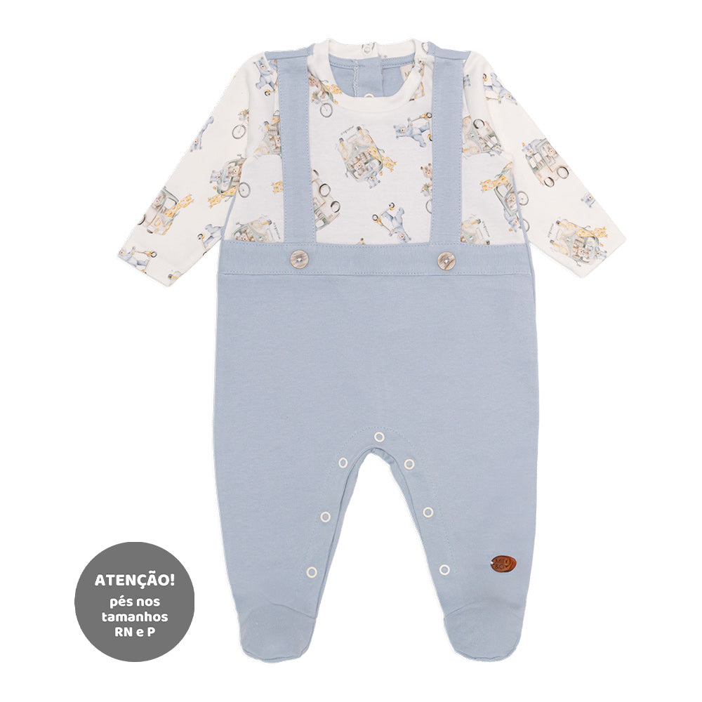 Macacão Manga Longa Jardineira Falsa Suedine Masculino - Bichinhos Transporte