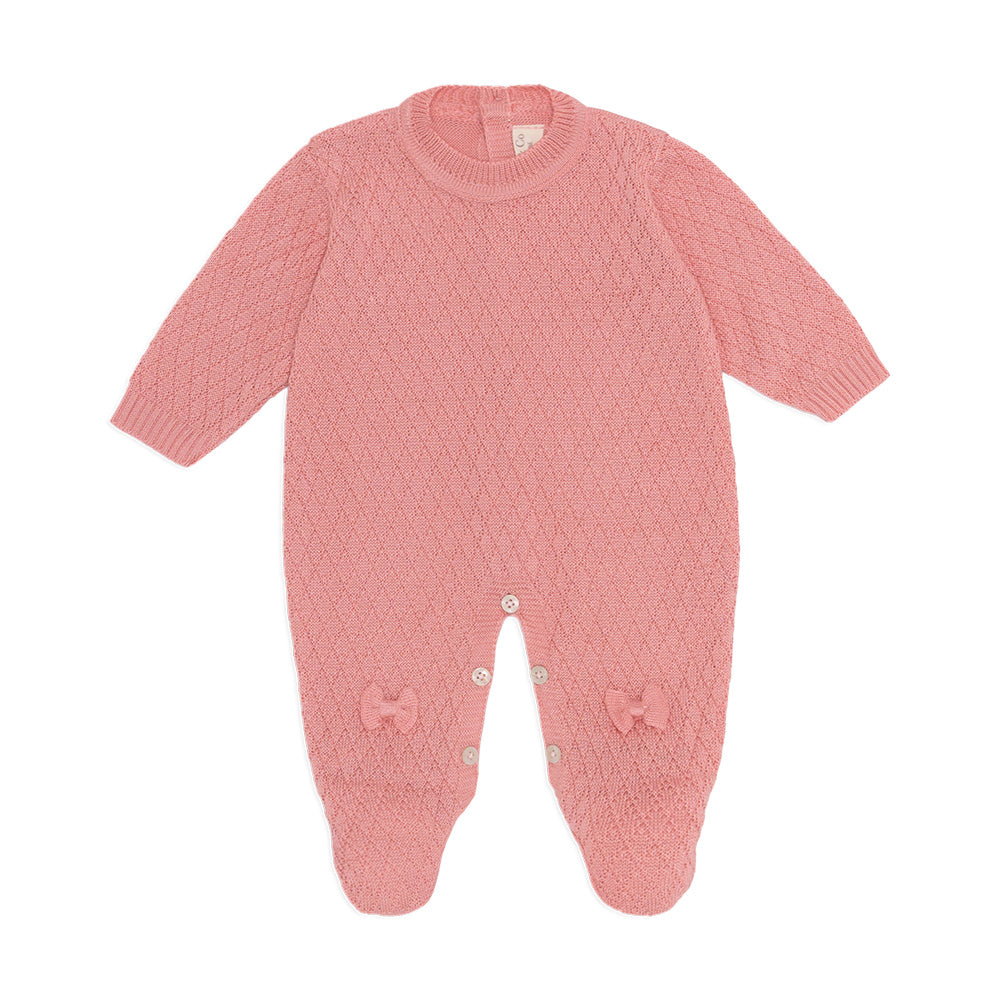 Macacão Manga Longa Tricot Lacinho Rosa - Mini & Co