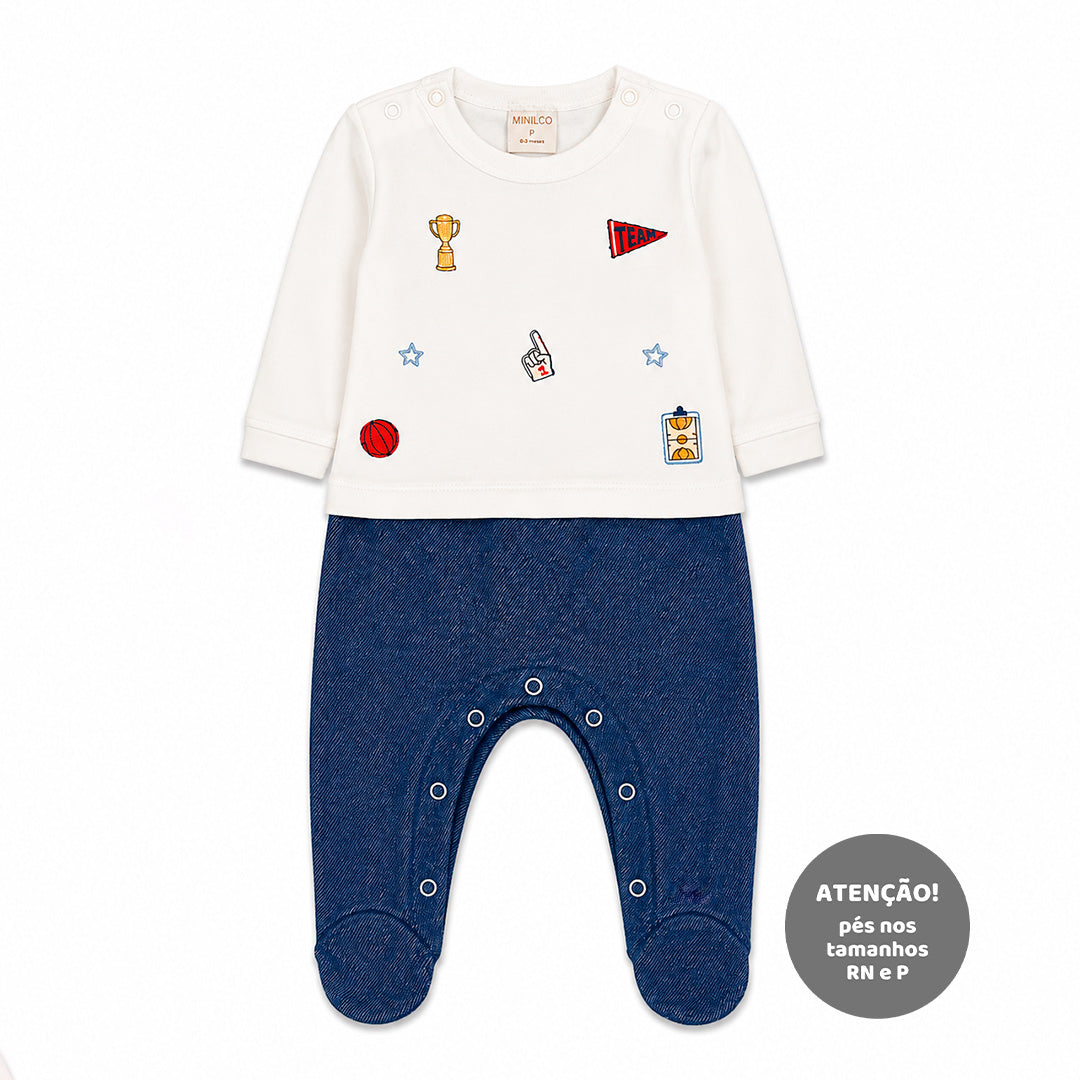 Macacão Manga Longa Sobreposto E Abertura Dulpa No Ombro Mini & CO Em Suedine E Malha Denim Masculino - Urso Esportes