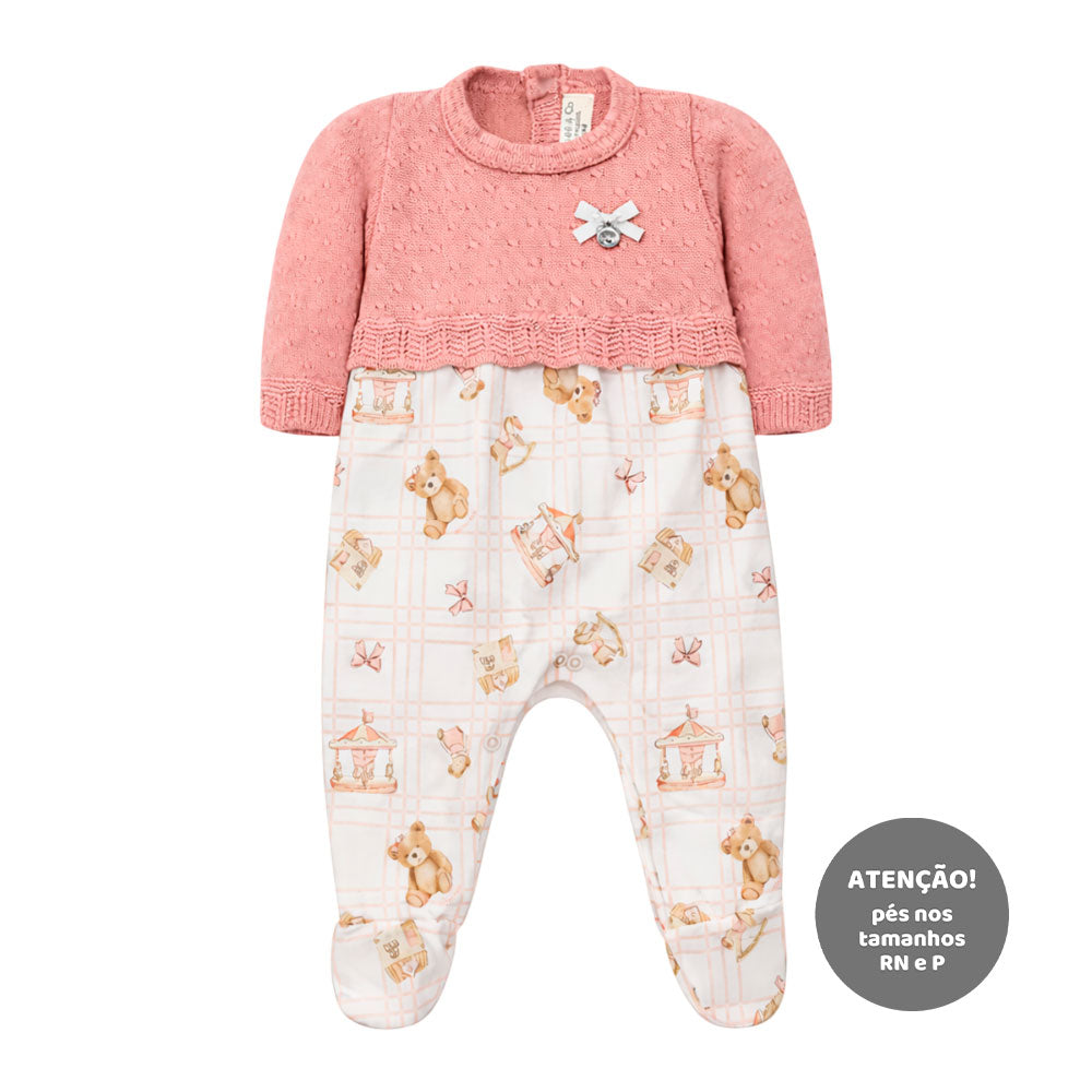 Macacão Manga Longa Falso Bolero Tricot e Suedine Mini & Co Feminino - Ursinhas