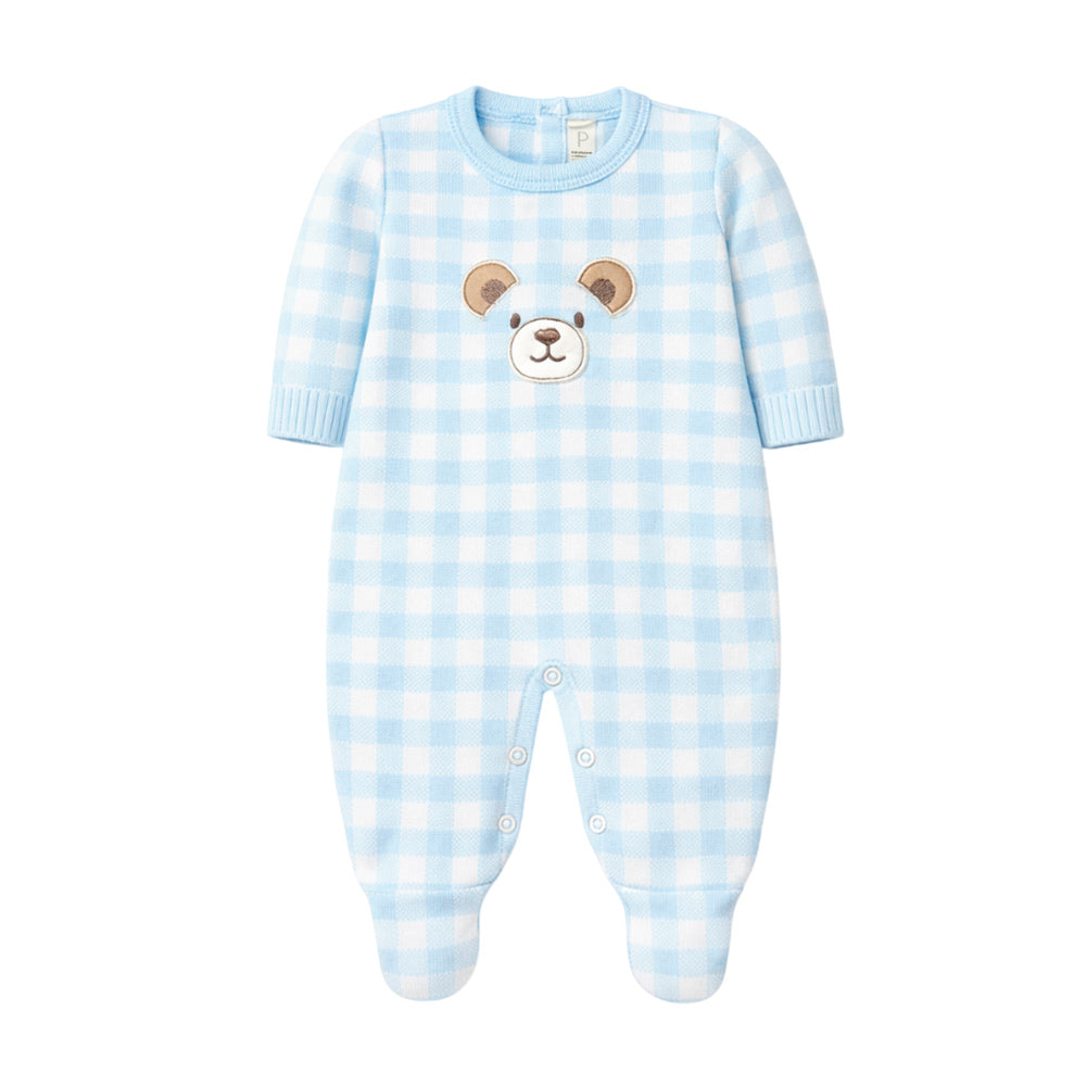Macacão Manga Longa Tricot Xadrez Bordado Ursinho Azul Masculino Mini & Co