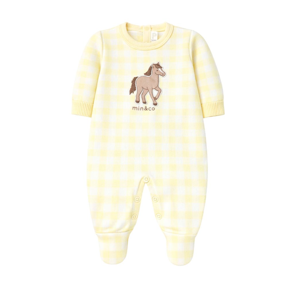 Macacão Manga Longa Tricot Xadrez Bordado Cavalinho Amarelo Unissex Mini & Co