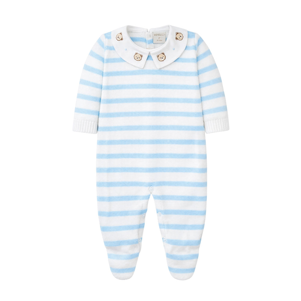 Macacão Manga Longa Tricot Gola Bordada Listrado Azul Masculino - Mini & Co
