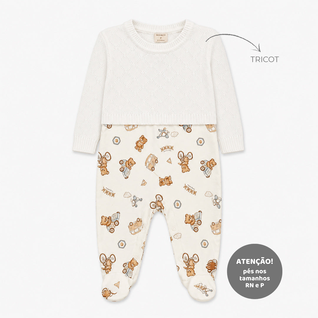 Macacão Manga Longa Sobreposto Mini & CO Em Tricot E Suedine Masculino - Ursinhos